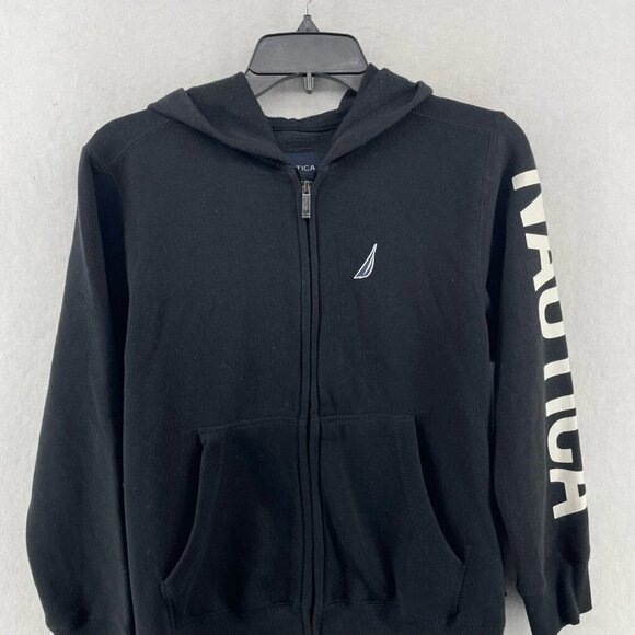 Nautica Sweatshirt Boys Sz M Black Full-Zip Hooded Ribbed Trim Printed Logo - Picture 6 of 11